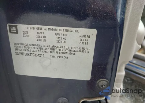 2007 Chevrolet Impala Lt from USA, damaged, VIN 2G1WT58K779354210